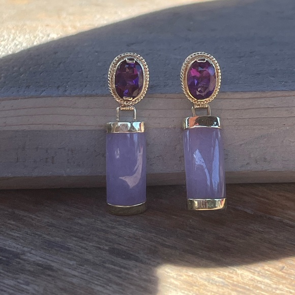 14k Gold Amethyst & Lavender Jade Earrings